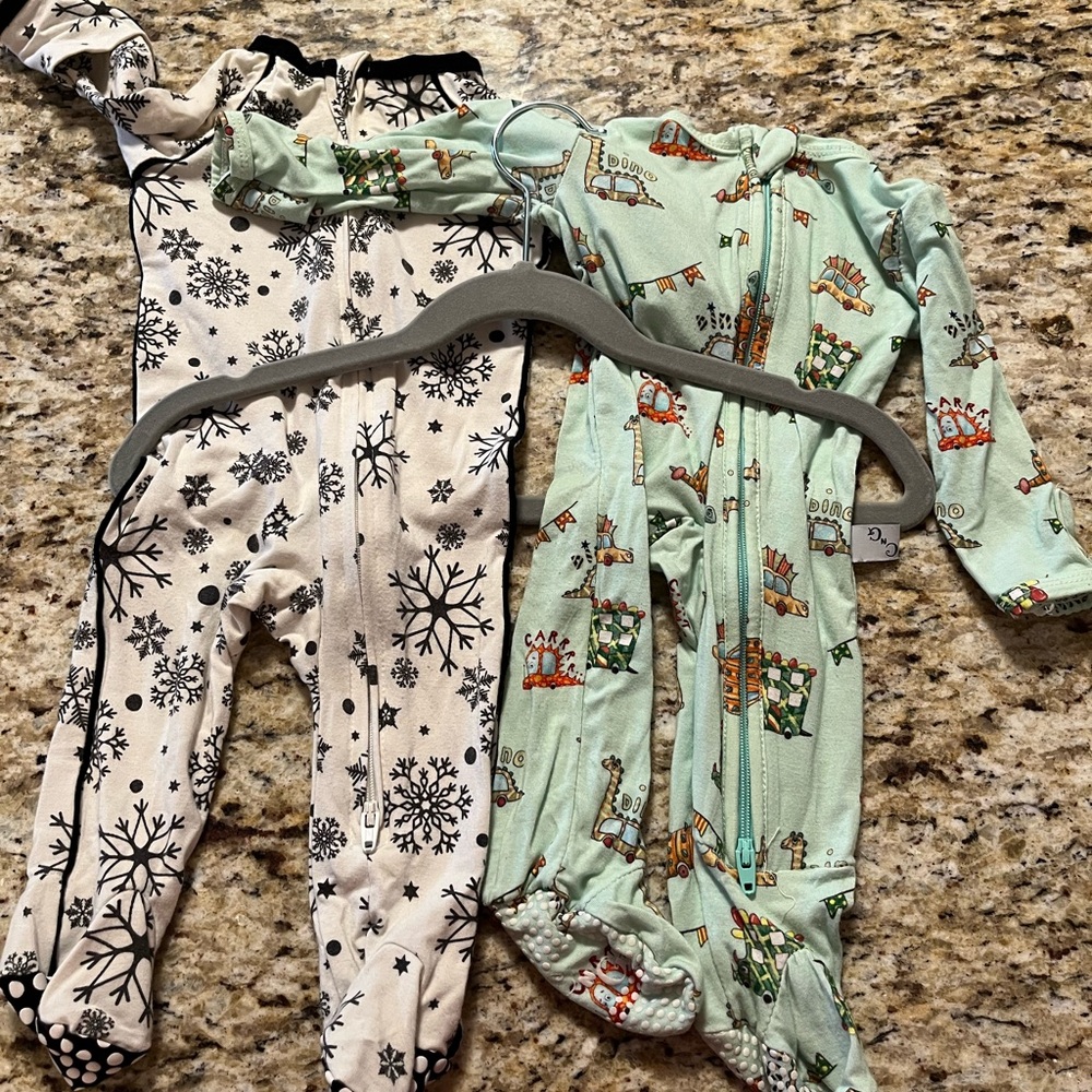 BAMBOO Baby Footed Pajamas - Snowflake & Mint Dino Prints